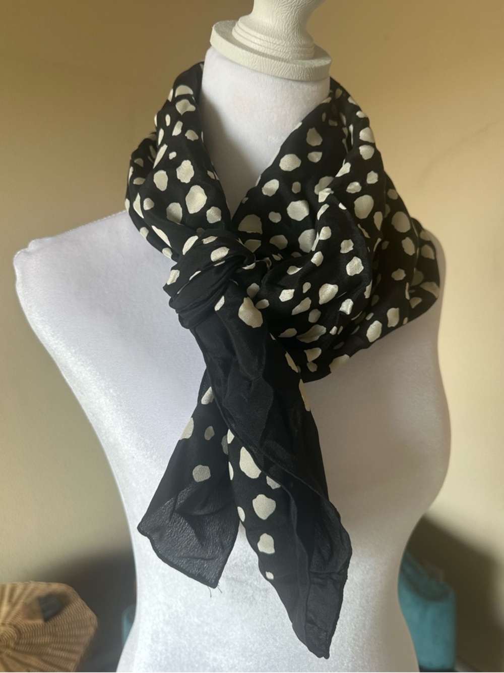 Silk Country Road Black and Cream Scarf polka dots Made in Japan hand rolled